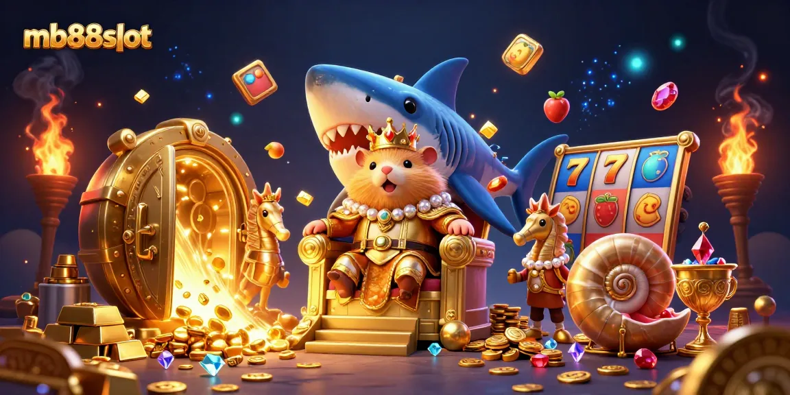 Experience thrilling gameplay at mb88slot with a golden hamster king and vibrant slot elements.