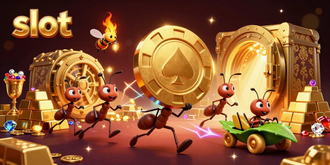 Ants carry a giant golden slot chip during a heist in a vibrant 3D casino scene.