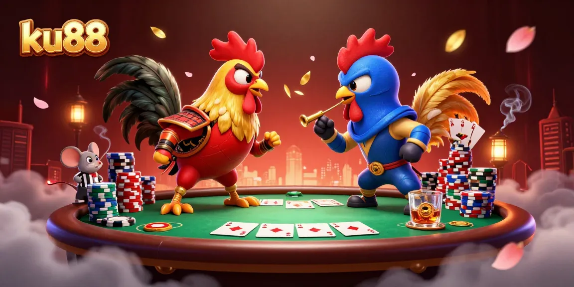 ku88 showcases a thrilling poker match between fighting roosters in an energetic casino scene