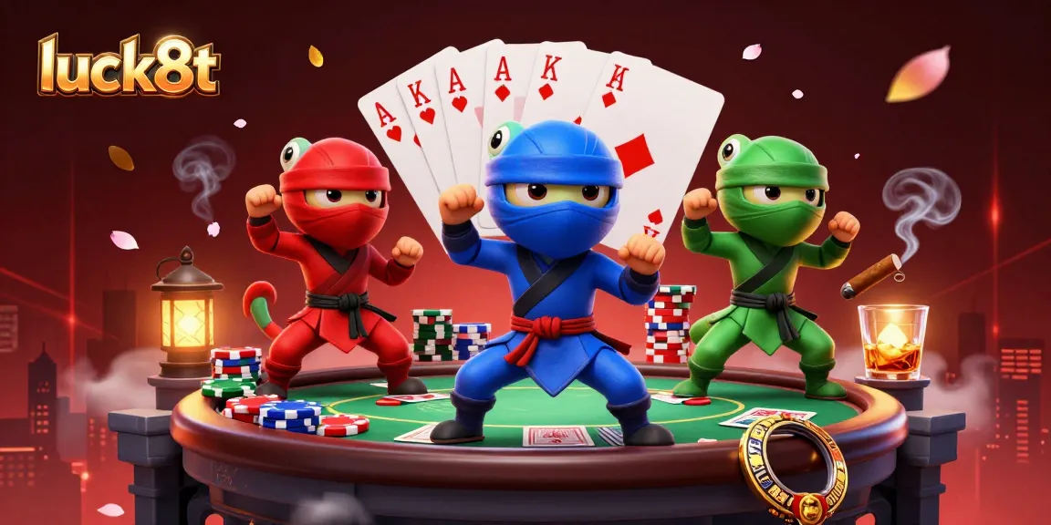 Engage in strategic poker action with luck8t chameleon ninjas showcasing their skills in a dynamic rooftop setting.