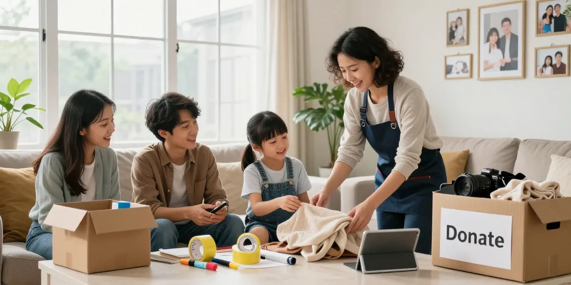 Entrümpler helfen einer Familie, den Wohnraum zu organisieren und zu entrümpeln.