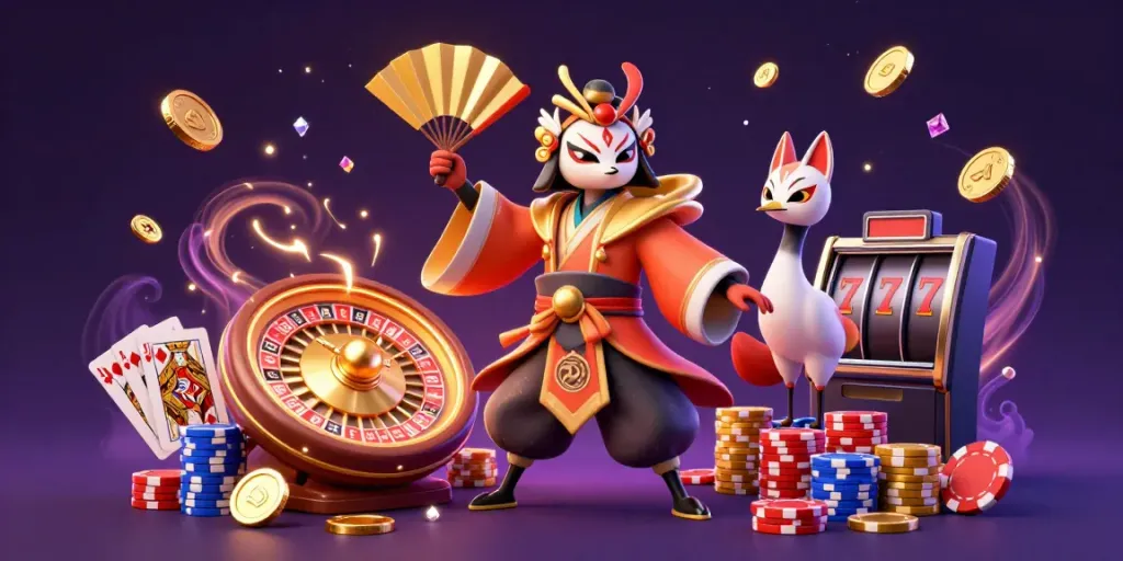 Experience thrilling wins at 789f-bet1 with this vibrant 3D illustration of kabuki-inspired casino elements.