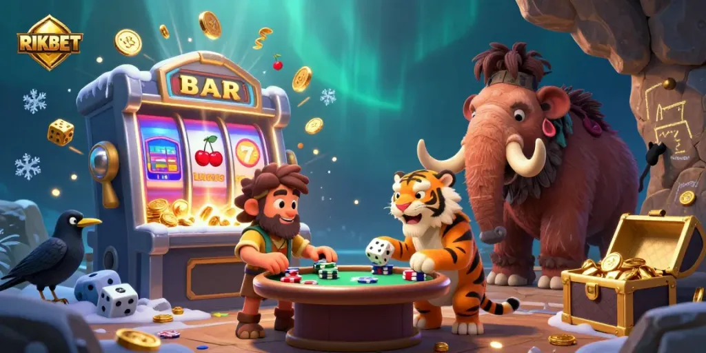 Experience the excitement of RIKBET's prehistoric casino adventure with vibrant illustrations of gaming and jackpot wins.