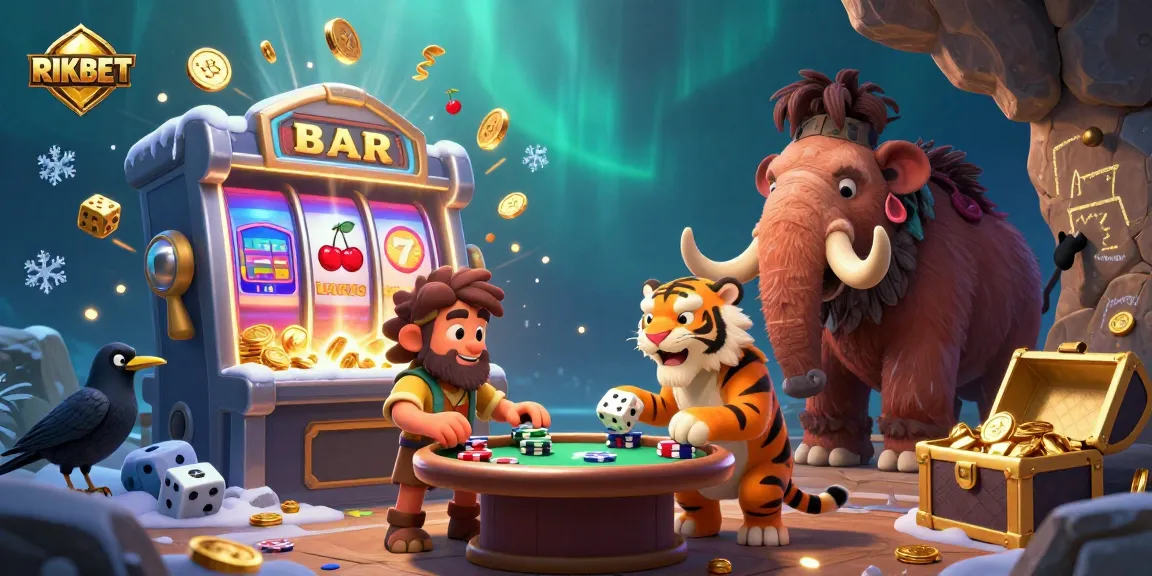 Experience the excitement of RIKBET's prehistoric casino adventure with vibrant illustrations of gaming and jackpot wins.