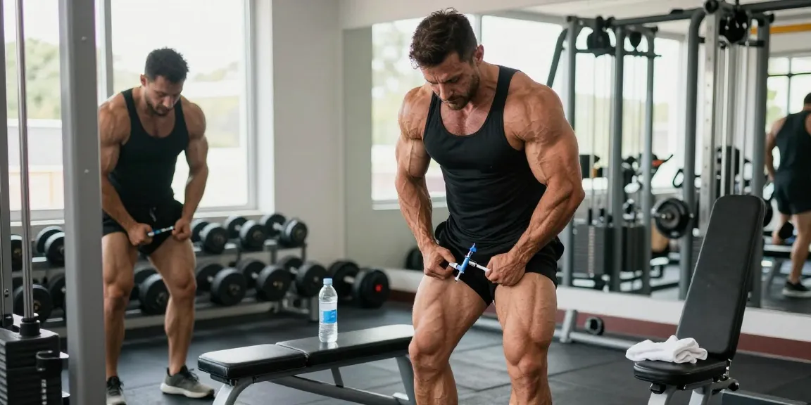 Bodybuilder, der Steroide in einem Fitnessstudio injiziert und den Lebensstil des Anabolika Shops demonstriert.