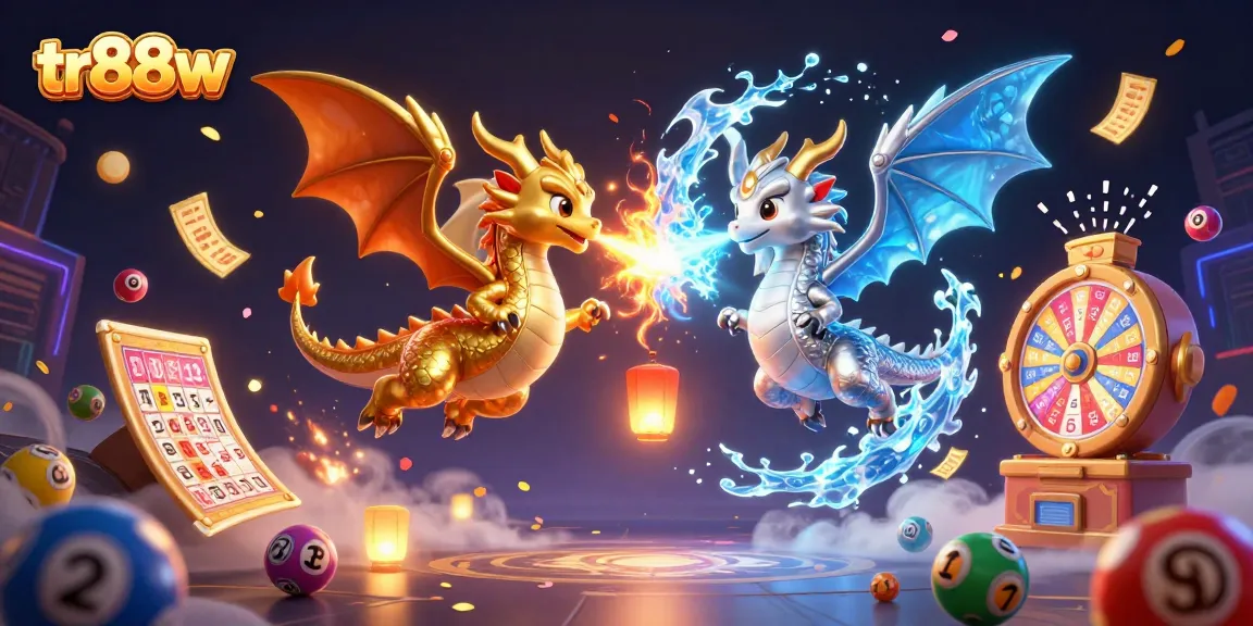 Engage with tr88w's thrilling animated scene featuring dynamic lottery elements and dragons.
