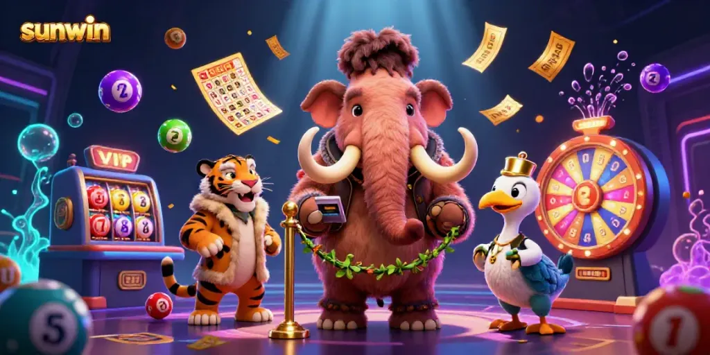 Experience the thrill of sunwin as the woolly mammoth checks IDs outside a vibrant casino filled with prizes.