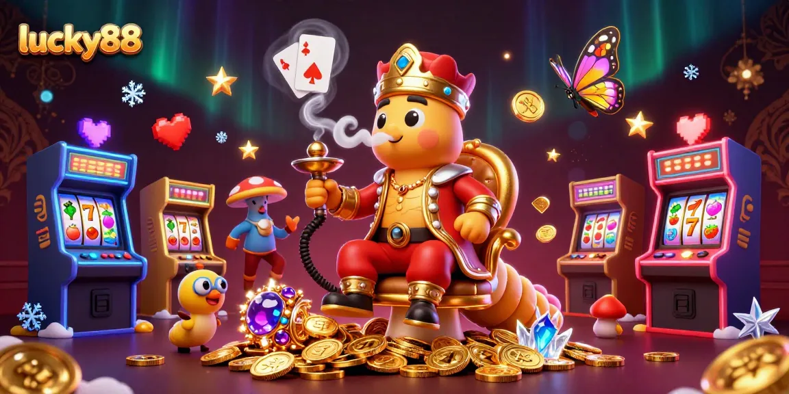 Engage with lucky88's vibrant casino adventure featuring a caterpillar hookah-master and slot machines.