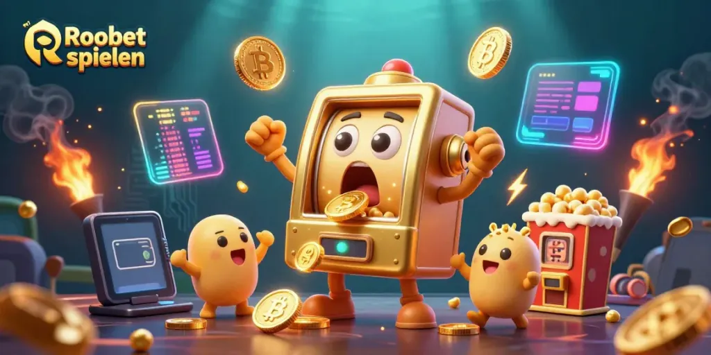 Spiele mit Roobet spielen, während ein goldener Spielautomat seinen Jackpot trifft und Münzen ausstößt.