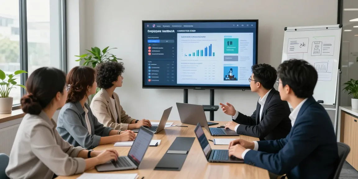 Wertschätzung der Arbeit: Geschäftsteam im modernen Büro diskutiert Feedback zur Führungskultur.