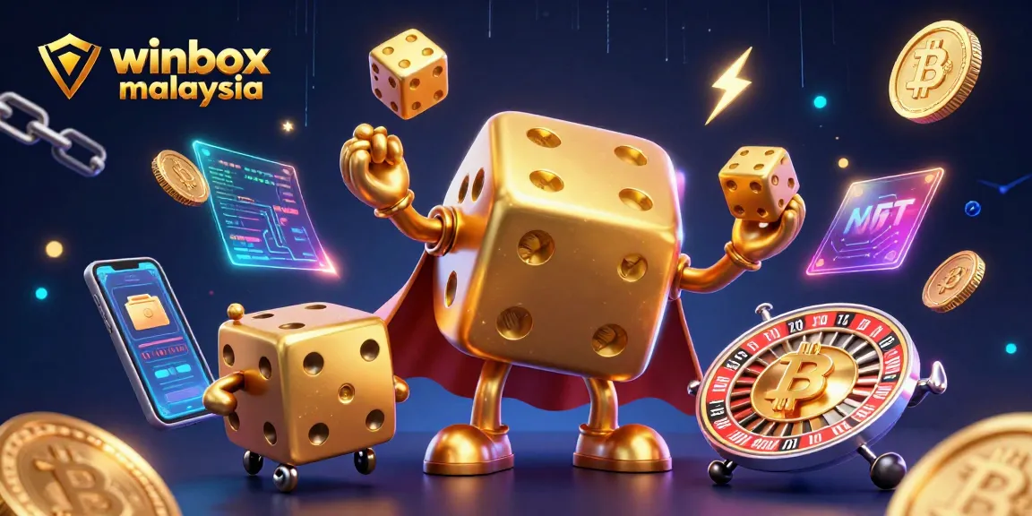 Winbox Malaysia showcases a vibrant gaming scene with golden dice characters and crypto elements.