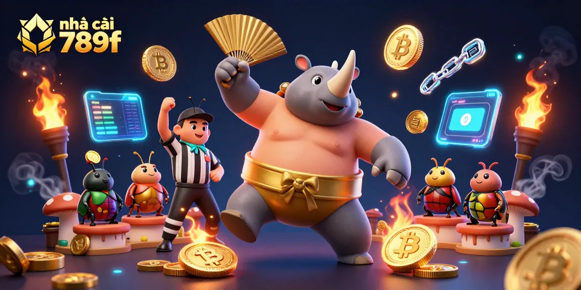 Engaging scene showcasing nhà cái 789f with a sumo beetle champion and a referee cricket amid flying golden coins.