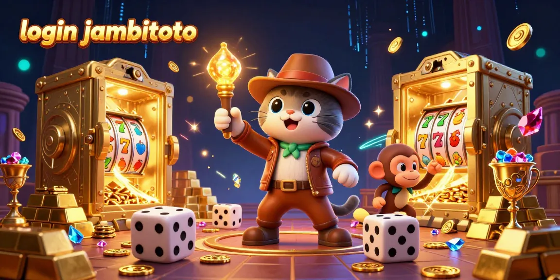 Engage in thrilling gameplay at login jambitoto with a cartoon explorer and treasures in a dynamic casino setting.
