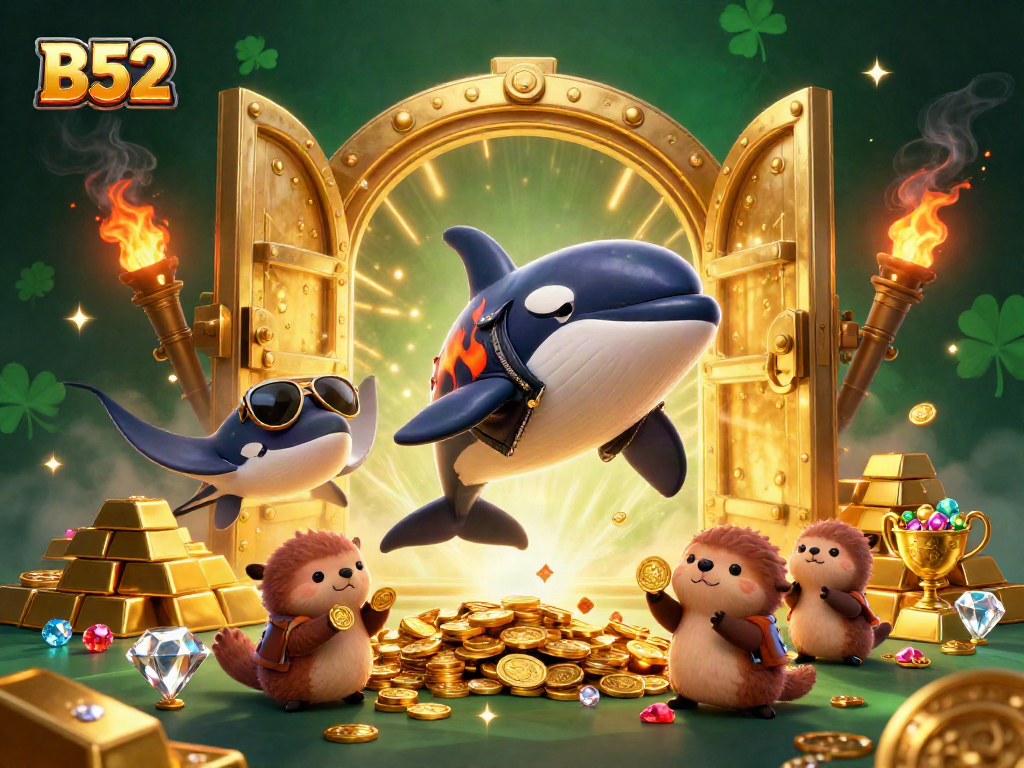 B52 engages players with thrilling casino action featuring a dynamic 3D scene of an orca and sea otters.