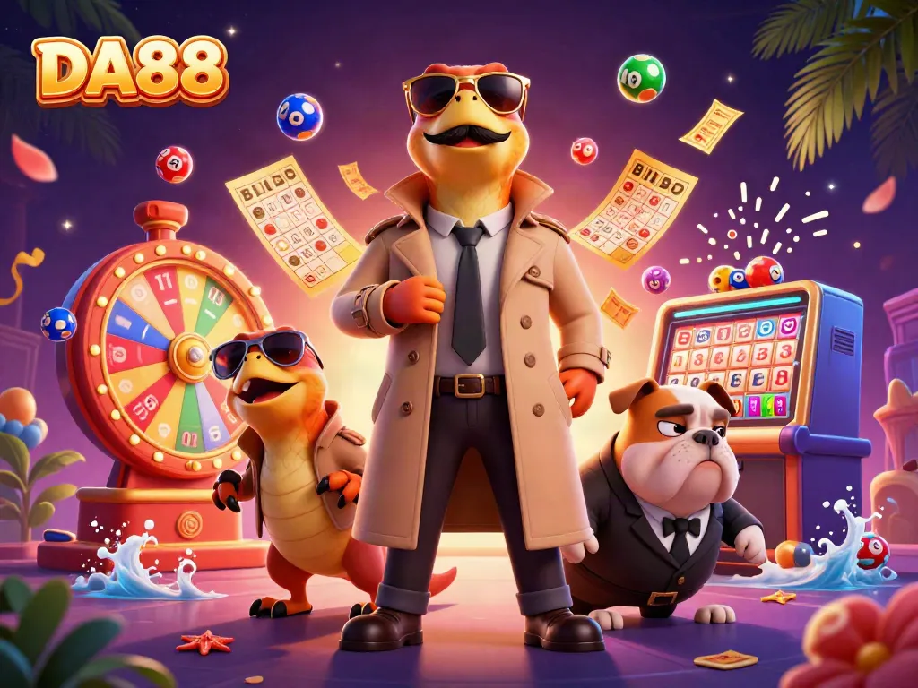 Engage in exciting gameplay at DA88 with lively scenes of colorful lottery balls and festive casino elements.