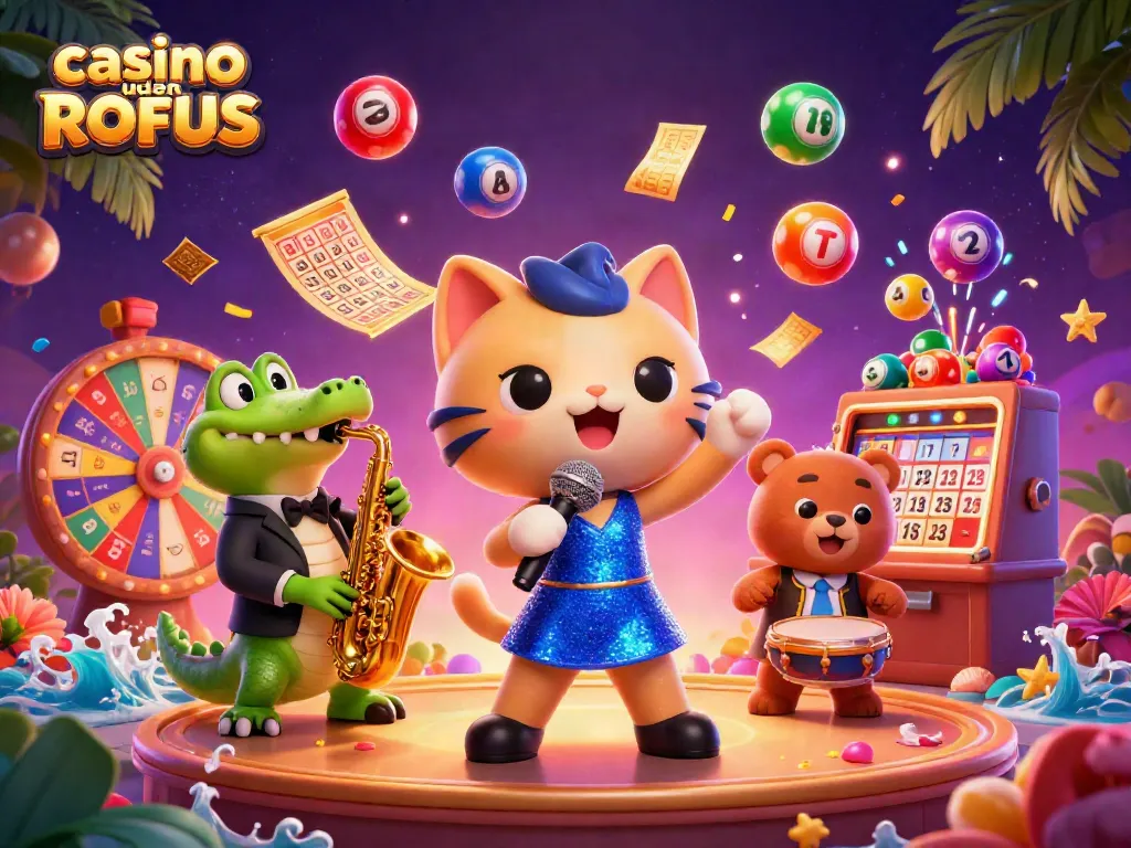 Experience vibrant gaming fun at casino uden ROFUS depicted in a lively 3D scene with playful characters and dynamic elements.