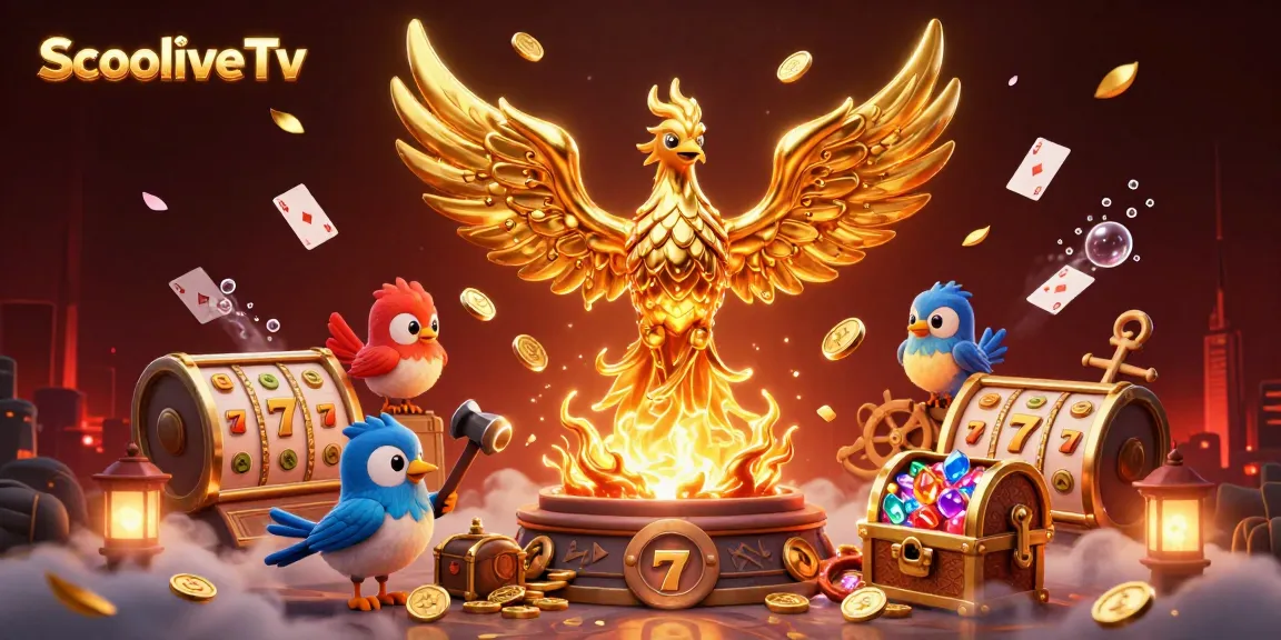 SocoliveTv offers exhilarating gaming action with molten gold phoenix and slot reels amidst vibrant treasures.