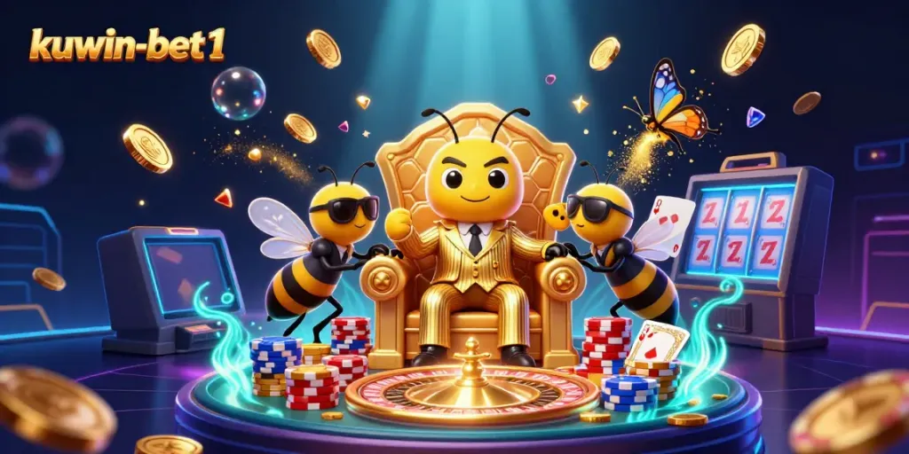 Engage with exclusive gaming action at kuwin-bet1 with a dynamic casino illustration showcasing a bumblebee mob boss amid golden coins and vibrant game elements.