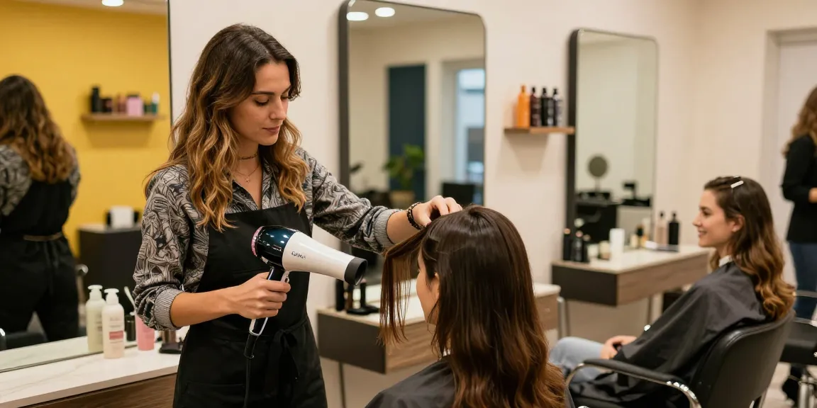 Eine stilvolle Schönheitssalon-Szene, in der ein Friseur den Laifen föhn verwendet, um das Haar einer zufriedenen Kundin zu stylen.