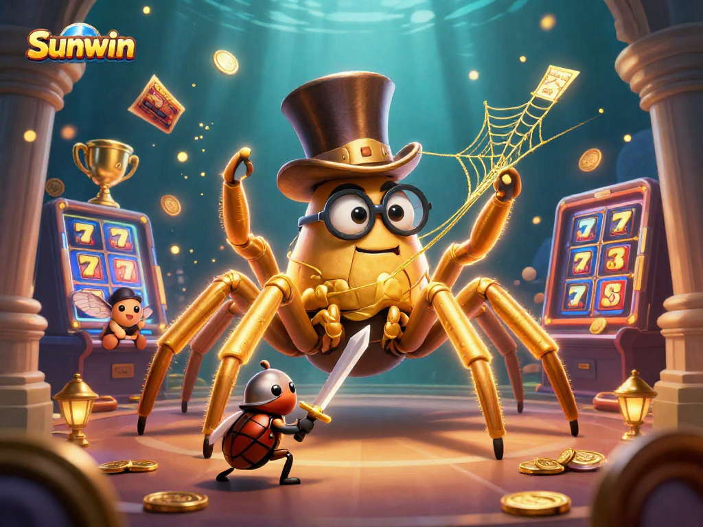 Experience exciting gameplay at Sunwin with a golden tarantula weaving a web in this casino-themed illustration.