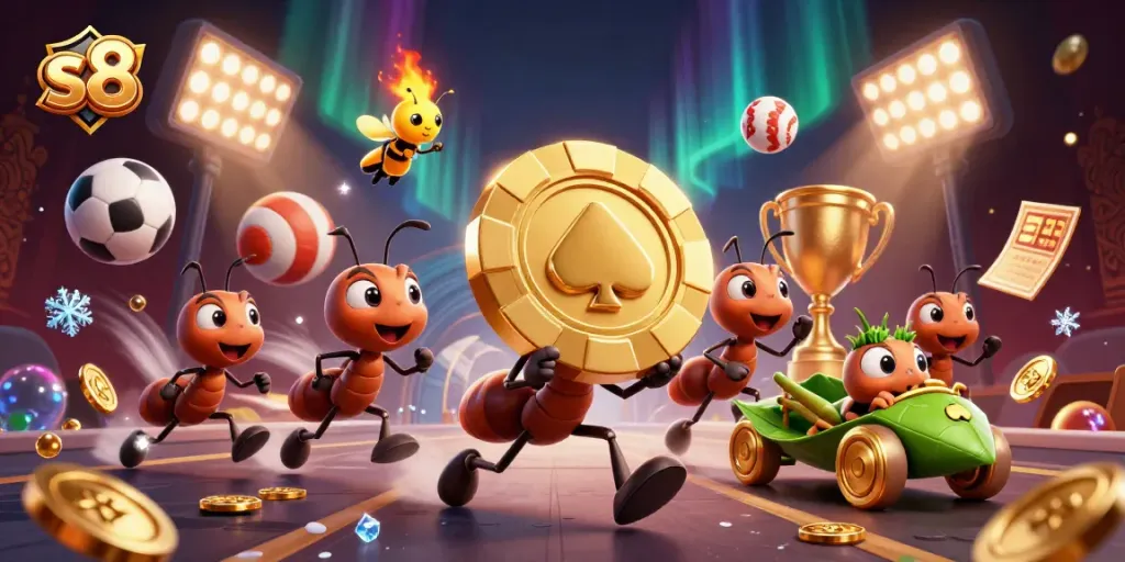Engage in high-stakes gambling at s8 with ant heist characters carrying a giant poker chip in dynamic 3D action.
