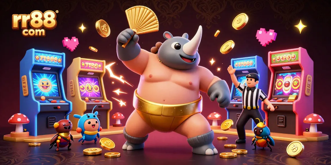 Experience winning moments at rr88 com with a playful sumo beetle amidst flying coins in an exciting casino-themed scene.