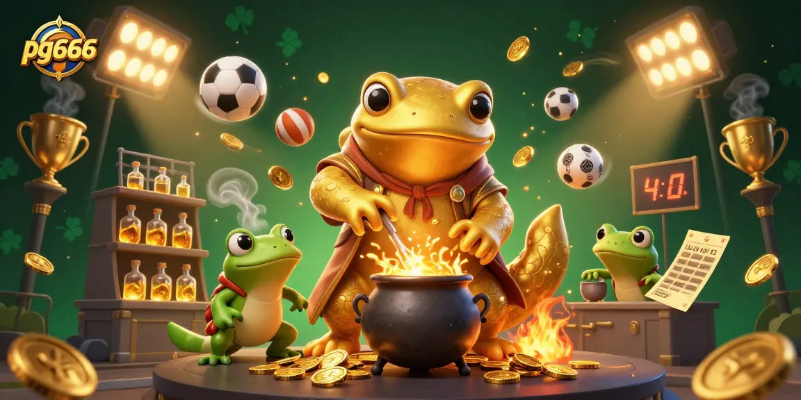 Experience the magic of pg666 with a vibrant illustration of a gold-transmuting alchemist and sports elements.