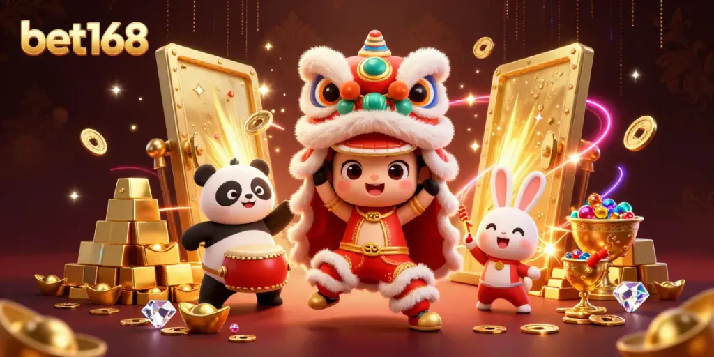 Experience the thrilling atmosphere at bet168 with lively characters, gold treasures, and festive decorations!