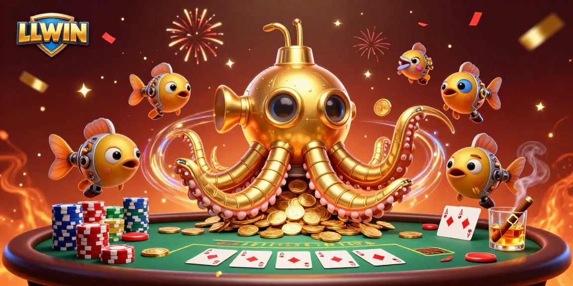Engaging LLWIN scene of a cartoon kraken submarine with poker elements, showcasing thrilling online gaming.
