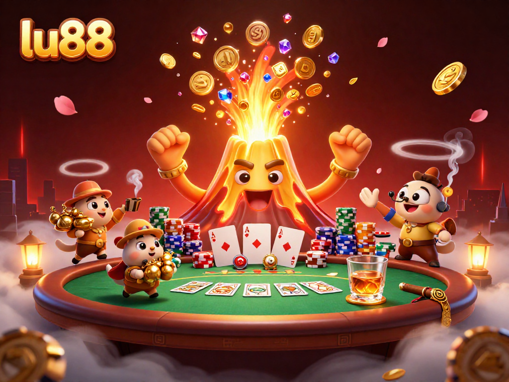 Experience the excitement of lu88 as a triumphant volcano erupts coins, and explorer animals rush for treasure.