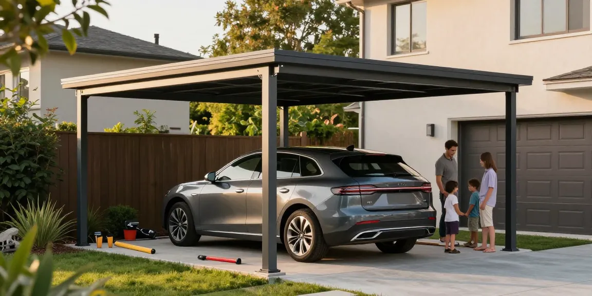 Moderne Carport-Installation mit Auto und Montagewerkzeugen, umgeben von grüner Landschaft und warmem Licht.