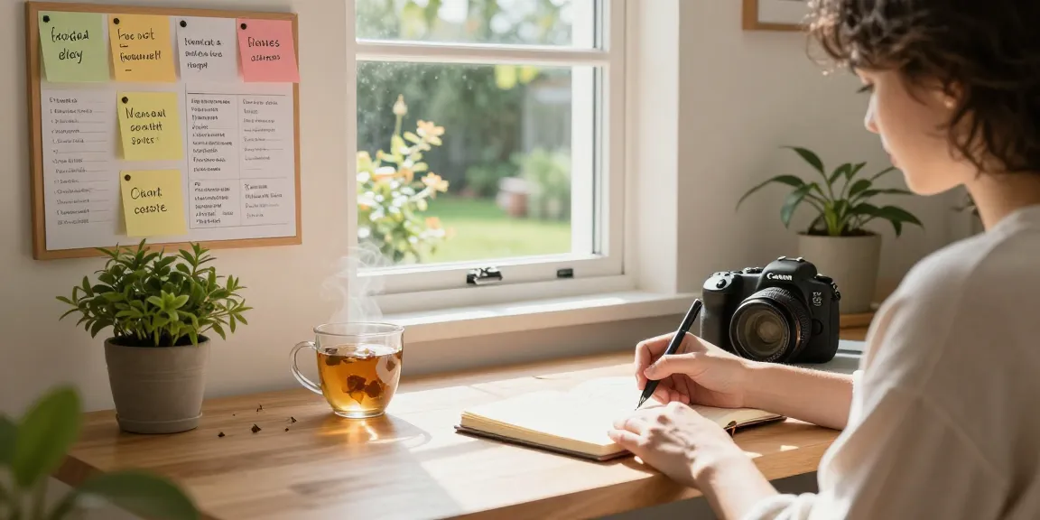 Persönlichkeitsentwicklung Tipps: Person beim Journaling in einem inspirierenden Home Office.