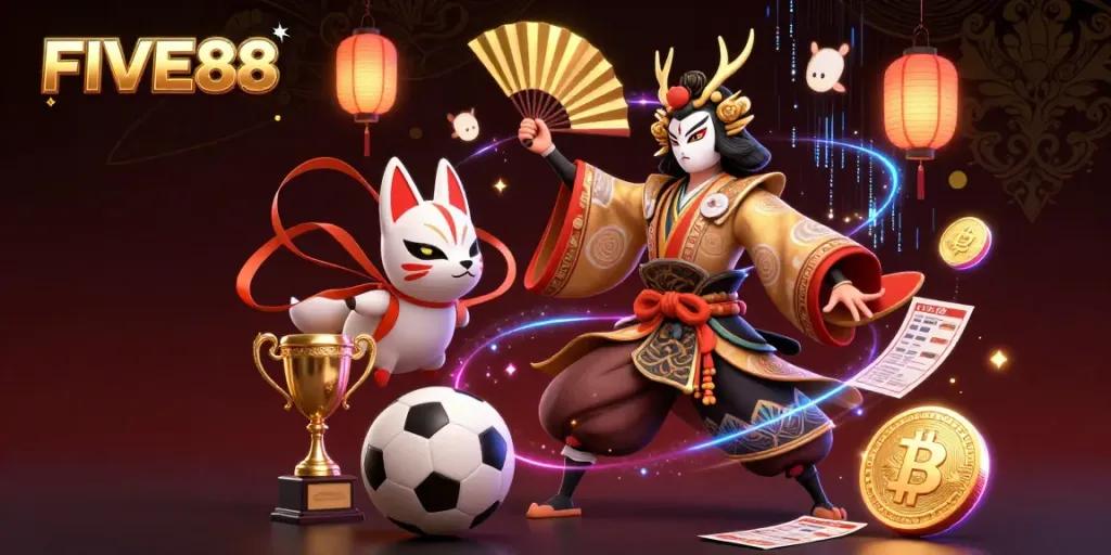 Engage in sports betting at FIVE88 with vibrant action scenes and digital gambling graphics.