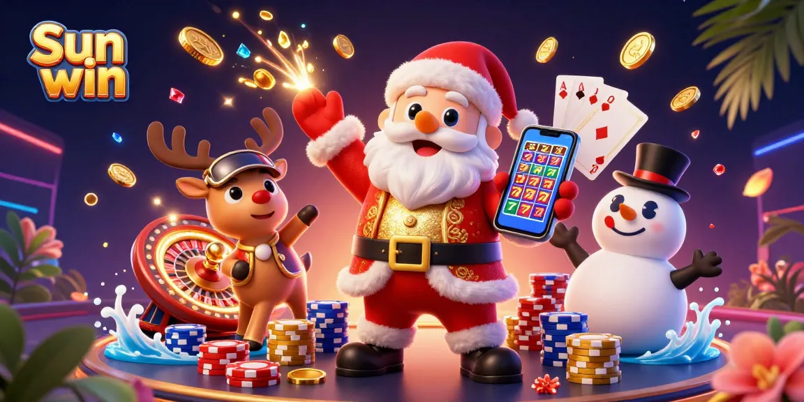 Experience excitement at Sun win with a festive 3D casino scene featuring Santa, reindeer, and a snowman amidst slot games.