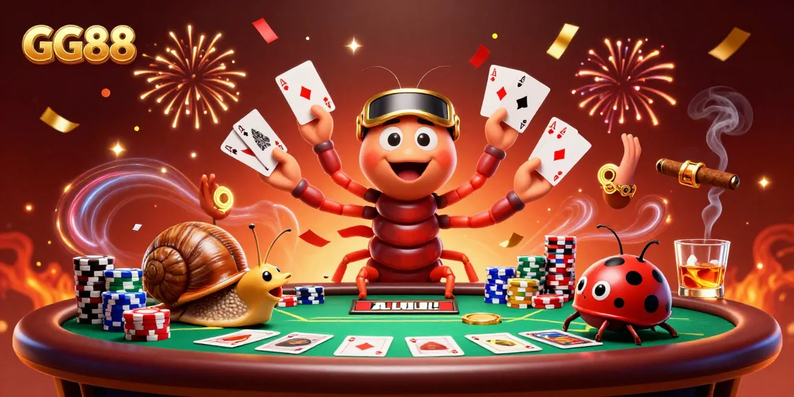 GG88 dealer showcases a winning hand with poker cards, excitement filled with colorful chips and dynamic casino elements