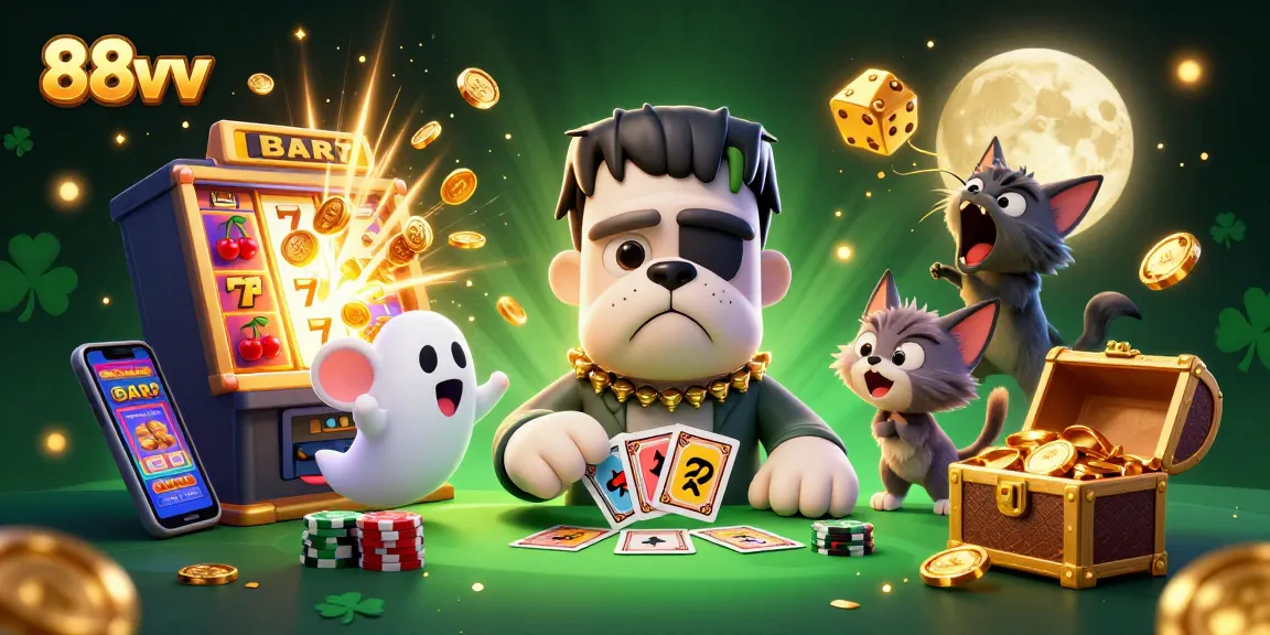 Play exciting games at 88vv with a lively 3D cartoon illustration of a Frankenstein bulldog dealer.