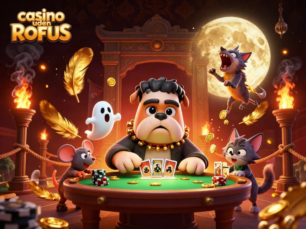 Engage at casino uden ROFUS with a lively scene of a Frankenstein bulldog dealing cards.
