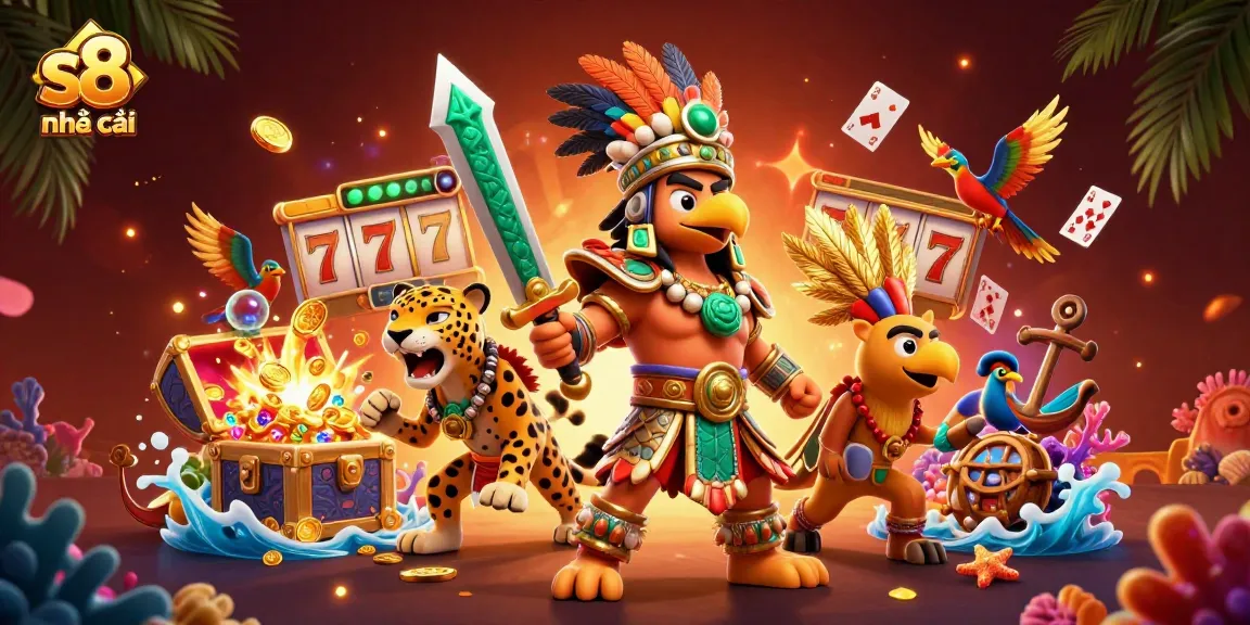Play games and win at s8 nhà cái with vibrant Aztec-themed casino illustration