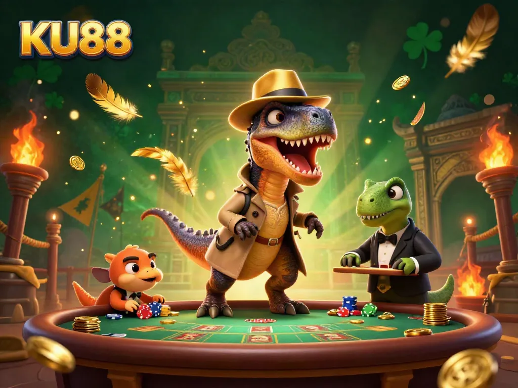 KU88 showcases a velociraptor card counter in a lively blackjack scene, capturing casino excitement.