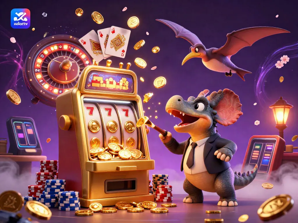 Xoilactv's thrilling casino scene features a cartoon pachycephalosaurus triggering a jackpot at a slot machine amidst flying coins.