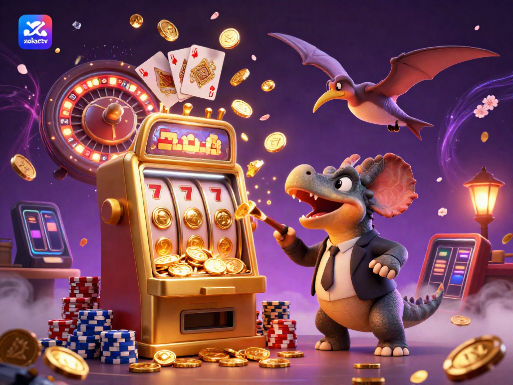 Xoilactv's thrilling casino scene features a cartoon pachycephalosaurus triggering a jackpot at a slot machine amidst flying coins.