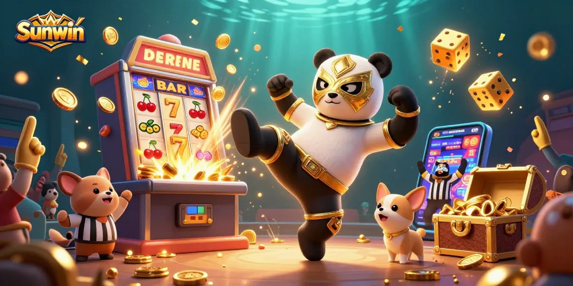 Action-packed scene at Sunwin featuring a wrestling panda and casino elements for a vibrant illustration.