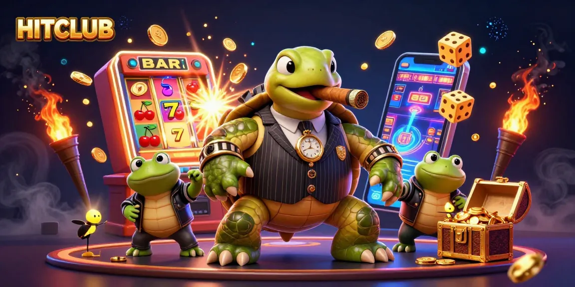 Experience the excitement of HITCLUB with a lively casino scene featuring a turtle mobster and more.