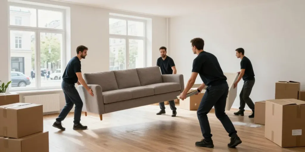 Entrümpelung Berlin: Möbelabholung in einer Wohnung durch Profis mit Sofas und Kartons.