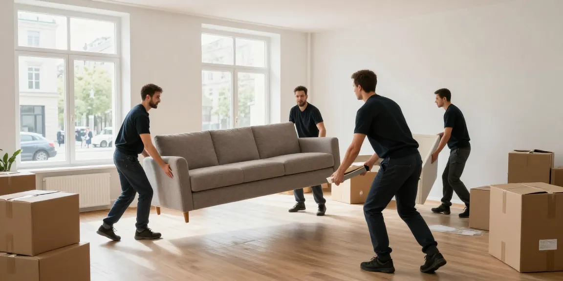 Entrümpelung Berlin: Möbelabholung in einer Wohnung durch Profis mit Sofas und Kartons.