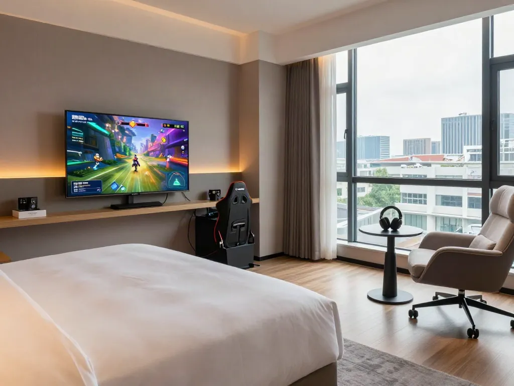 Spacious modern hotel room at ROKOK88 with gaming setup and relaxing atmosphere.
