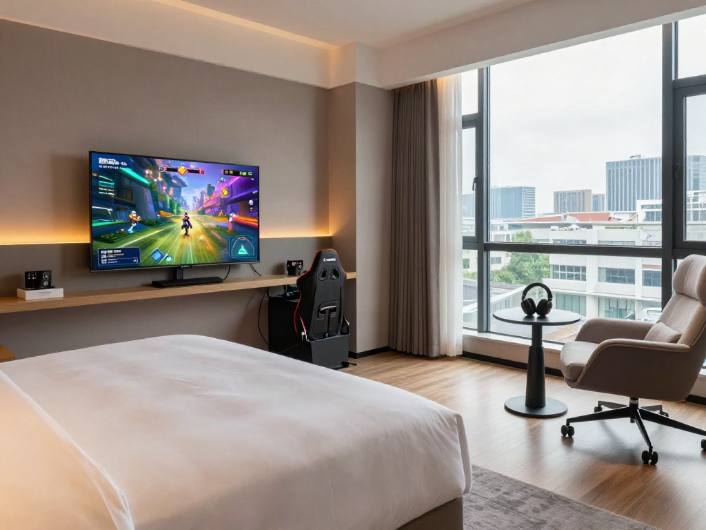 Spacious modern hotel room at ROKOK88 with gaming setup and relaxing atmosphere.