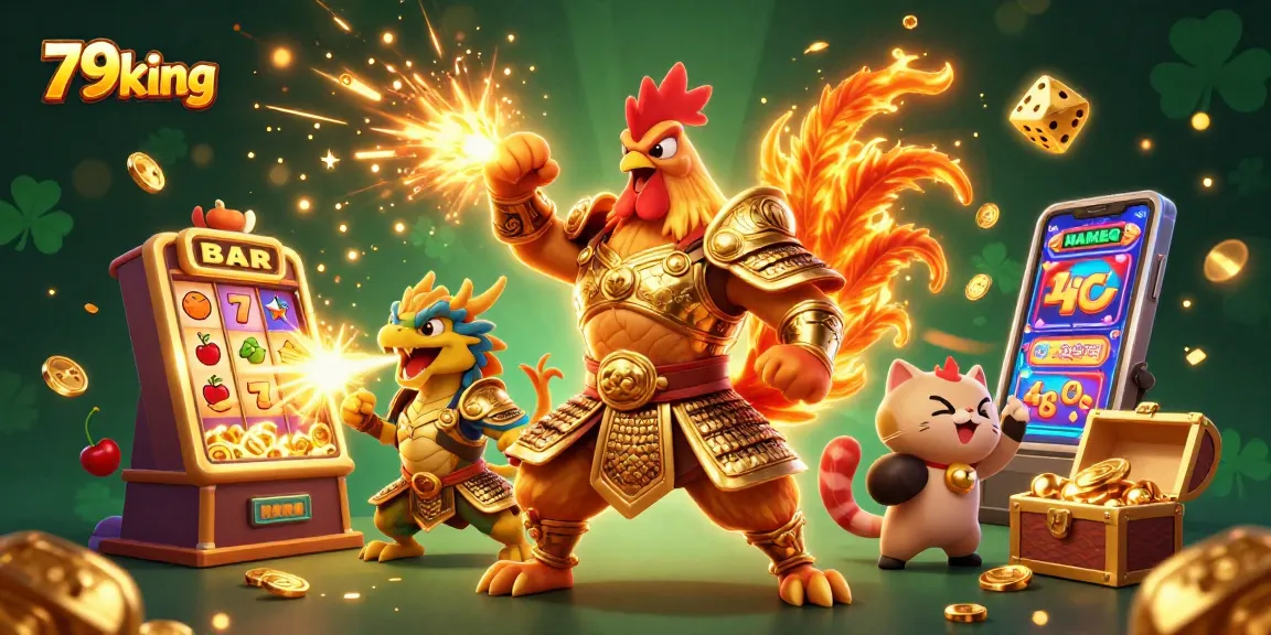 Experience the thrill of 79king with a dynamic casino scene featuring a warrior rooster and dragon mascot.
