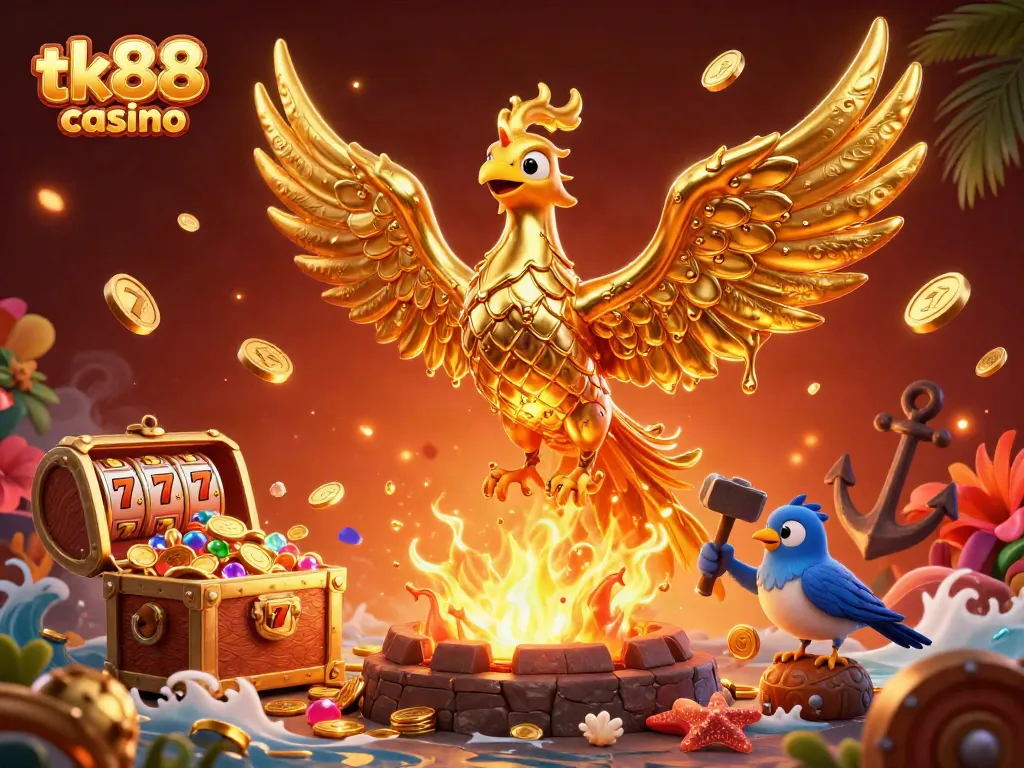 Experience the thrill of tk88 casino with a dynamic scene featuring a golden phoenix and explosive riches.