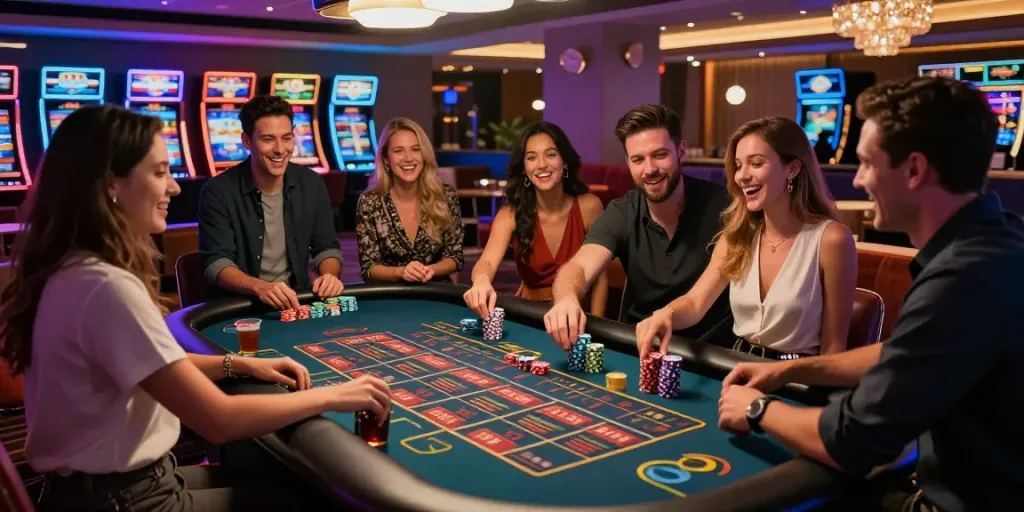 Casino mit schneller Überprüfung und aufregenden Gewinnmomenten in einer lebhaften Spielumgebung.
